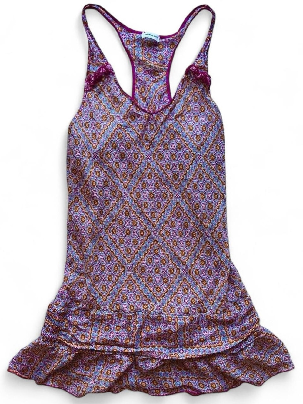 Intimissimi Y2K Boho Tile Print Sheer Racerback Slip Dress Ruffle Hem Cami